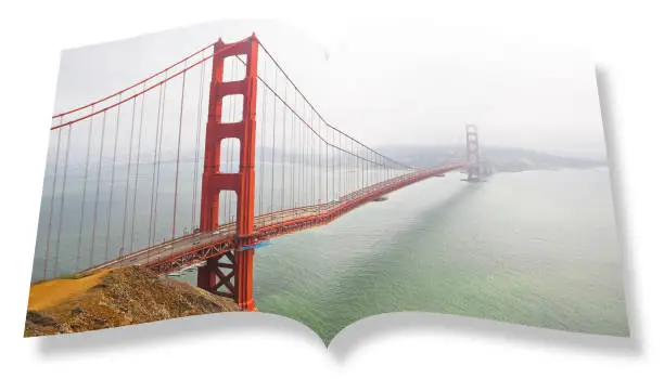 Photo of Golden Gate Bridge, the symbol of San Francisco city - California - USA - Real opened book concept