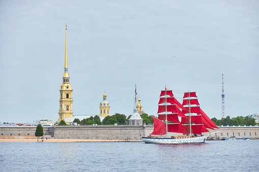Saint PETERSBURG, Russia - June 01, 2021: A ship with scarlet sails, prepared for the holiday.