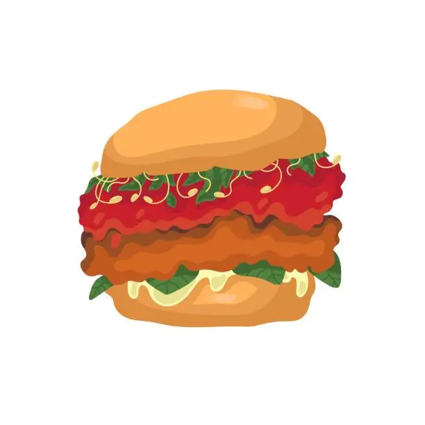 Vector illustration of Delicious hamburger with meat. Tempting American, mexican burger. Spicy sandwich with microgreens. Fast food, unhealthy nutrition. Flat isolated vector illustration on white background