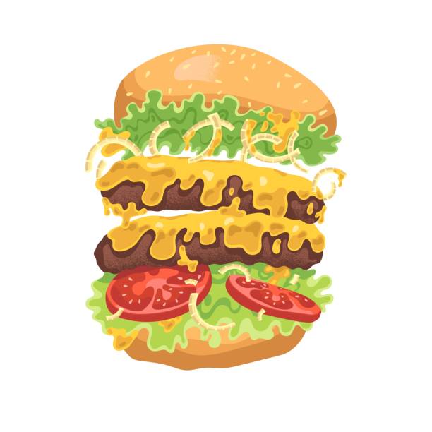 istock Big american double hamburger fly. Delicious burger with bun, meat, onion, cheese, salad, tomato. Unhealty nutrition, fast food, tasty eating. Flat isolated vector illustration on white background 1779931571