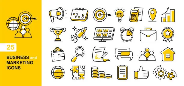 Vector illustration of Business and marketing hand drawn outline icons set. Vector icons.