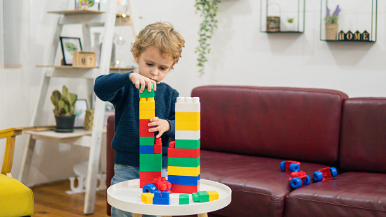 Child playing with colorful toy blocks. Little boy building tower at home or day care. Educational toys for young children. Construction block for baby or toddler kid.