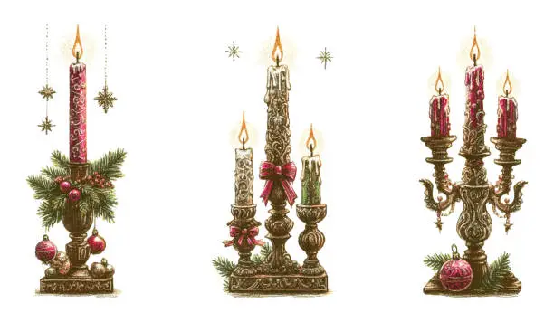 Vector illustration of Illustration set of Christmas candles and candlesticks