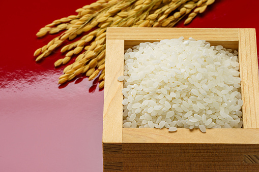 Japanese white rice on wooden table
