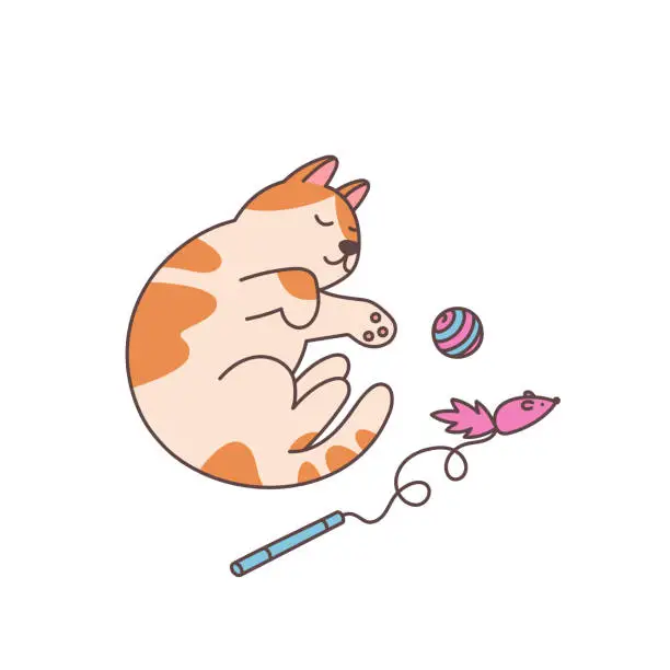 Vector illustration of Ð¡at with red spots has had enough of playing with toys and is resting. Cute kitty. Funny adorable animal. Graphic vector illustration isolated on white background