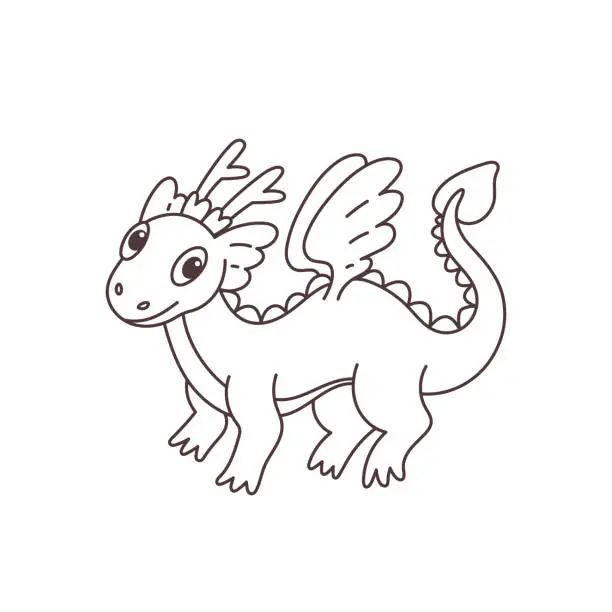 Vector illustration of Cute cartoon dragon. Black and white vector illustration for coloring book. Fairytale character. Oriental fantasy animal. Chinese zodiac sign. New year symbol.