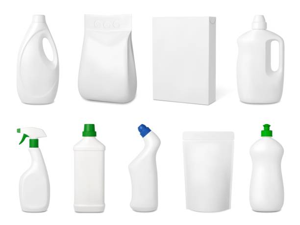 istock Realistic cleaning products. Isolated white plastic bottles and paper box. Household detergents, 3d packaging mockup. Pithy vector containers set 1779960627