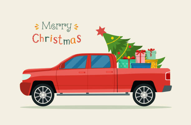 istock Pickup truck with christmas tree and gift boxes. Merry christmas stylized typography. Vector illustration. 1779965586
