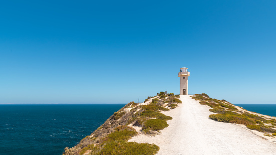 Cape Spencer Lighthouse at Innes National Park on a bright day, Yorke Peninsula, South Australia