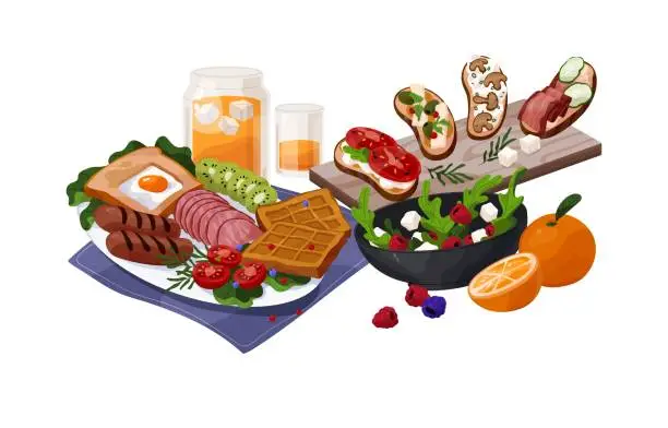 Vector illustration of English breakfast on dish: toast with scrambled eggs, orange juice, sausages. Flying food, eating levitating. Meal with vegetables, toasts with meat. Flat isolated vector illustration on white