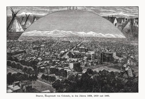 Historical views of Denver, capital of Colorado, in 1858, 1859 and 1885 Wood engraving, published in 1894.