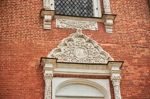 RYAZAN, Russia - May 09, 2022: Churches of the Ryazan Kremlin, now a monastery. Close-up of architectural details