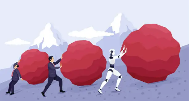 Vector illustration of Businessmen and AI Robot pushing huge stones uphill. Business problem crisis hardship and burden concept.