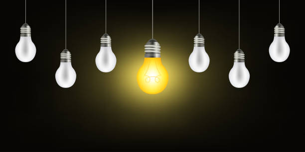 istock Set of pendant light bulbs with one luminous one. Trendy flat vector light bulb icon with idea concept on black background. Image idea for thinking concept. Vector illustration 1780014463