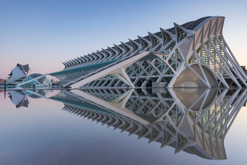 Valencia, Spain - May 8, 2023: modern architecture of the City of Arts and Sciences at sunrise. The architecture was designed by Santiago Calatrava and Felix Candela