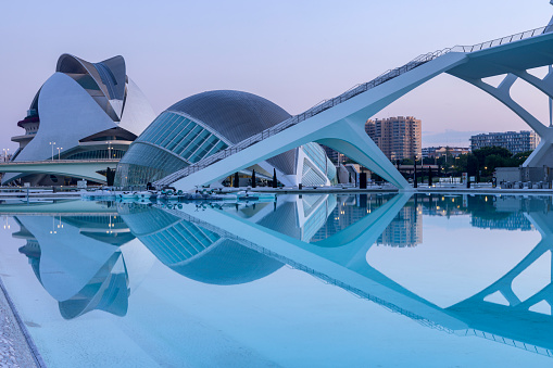 Valencia, Spain - May 8, 2023: modern architecture of the City of Arts and Sciences at sunrise. The architecture was designed by Santiago Calatrava and Felix Candela