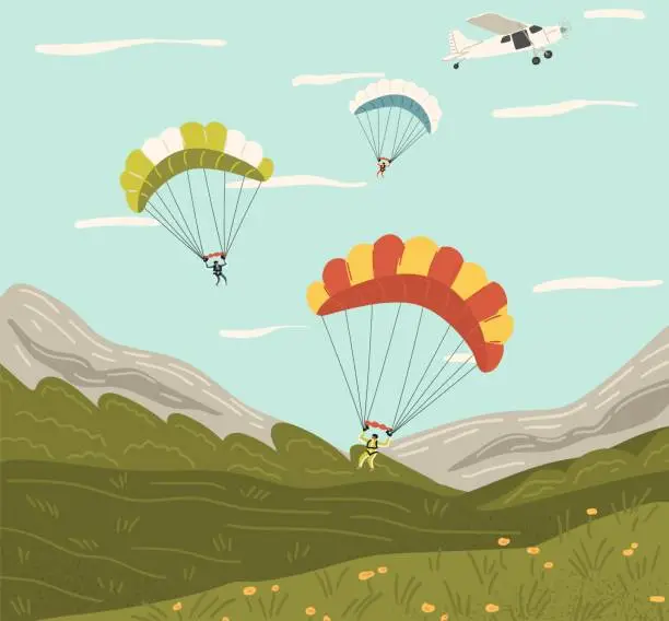 Vector illustration of Skydiving scene with extreme sport lovers jumping from plane with parachute