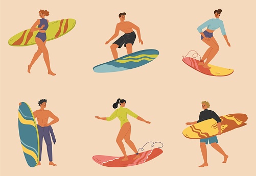 Man and woman in swimwear surfer isolated set. Bundle of happy young athletic people with surfboards enjoying extreme sports water activities vector illustration