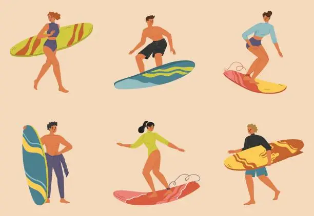 Vector illustration of Man and woman in swimwear surfer isolated set