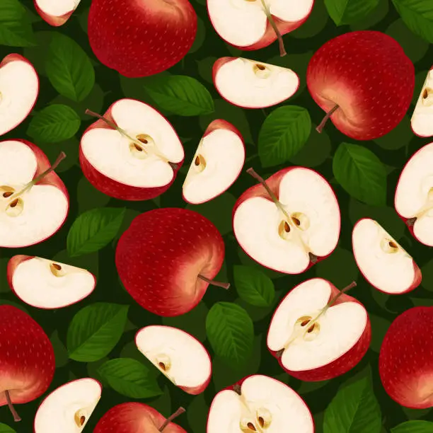 Vector illustration of Red Apple. Seamless pattern of red apples on a dark background with green leaves. Whole and sliced apple. The design is great for wallpaper, fabric, labels, packaging.