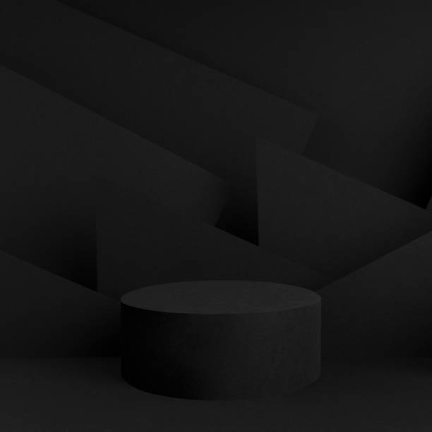 istock Abstract one black round podium for cosmetic products with geometric pattern on wall, mockup on black background. Scene for presentation products, goods, advertising, design in  contemporary style. 1780050471