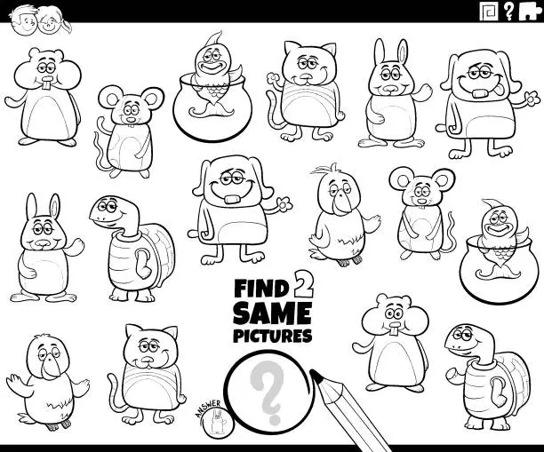 Vector illustration of find two same cartoon pets activity coloring page