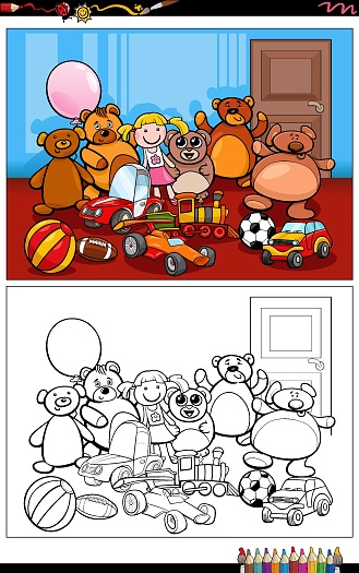 Cartoon illustrations of funny toys characters group coloring page