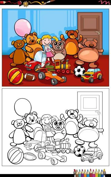 Vector illustration of cartoon toys characters group coloring page