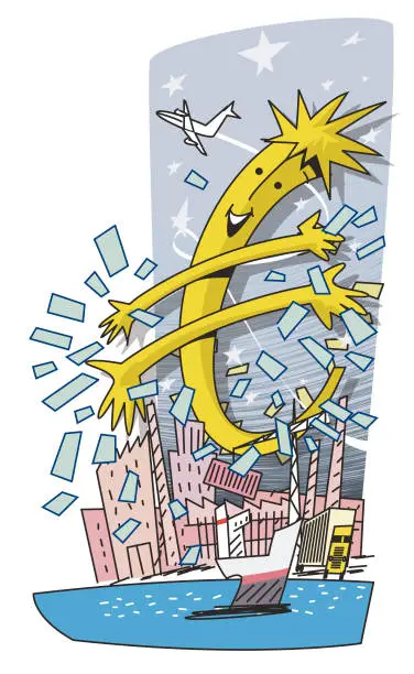 Vector illustration of the cheerful Euro Sign scatters money into the country