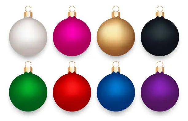 Vector illustration of Christmas balls. Set of multi-colored Christmas balls on a white background. Christmas decoration.
