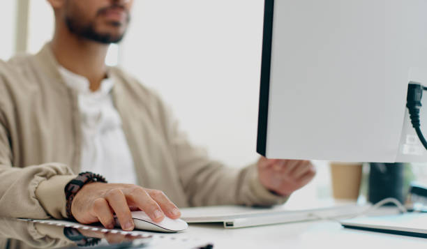 istock Keyboard, mouse and hands of person on computer working on feedback, website review and internet. Creative agency, office and closeup of worker for typing email, data analytics or research report 1780060146