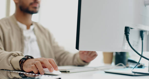 istock Office, mouse and hands of worker on computer working on feedback, website review and social media. Creative agency, technology and closeup of person typing email, data analytics and research report 1780060147