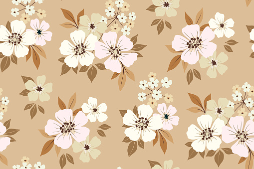 Seamless floral pattern, delicate ditsy print in natural beige colors. Botanical design with a folk motif: small hand drawn flowers, leaves, bouquets on a light background. Vector illustration.