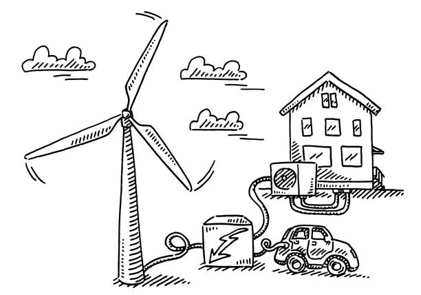 stockillustraties, clipart, cartoons en iconen met wind turbine power electric car and heat pump drawing - energietransitie