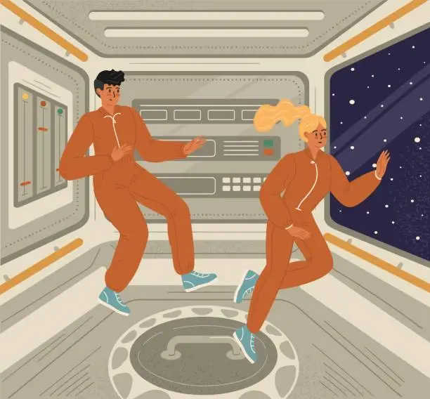 Vector illustration of Man and woman astronaut in cabin of interstellar spaceship