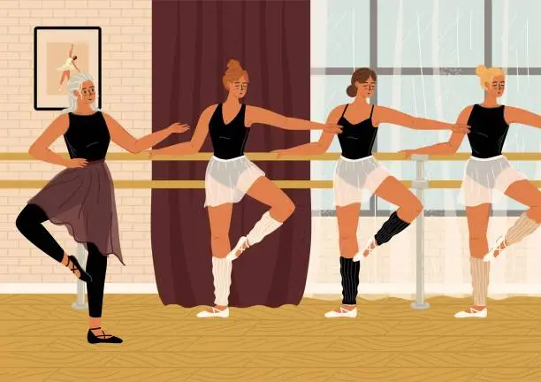Vector illustration of Young ballerina dancers training at ballet school choreography class