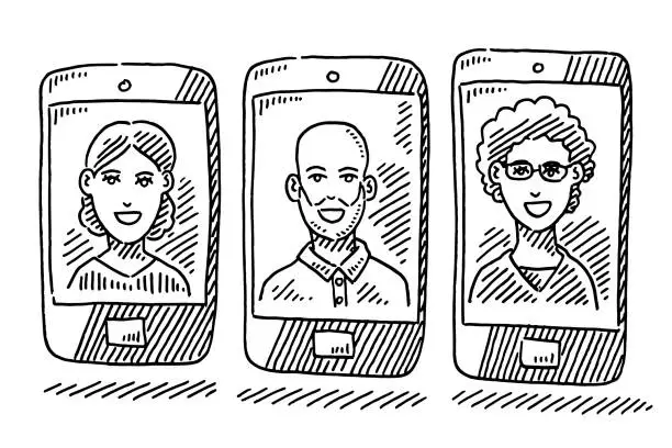 Vector illustration of Video Call Three Smartphones Drawing