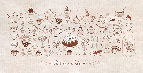 English tea party doodles with sweets and vintage tea set on vintage background. Vector sketch illustration
