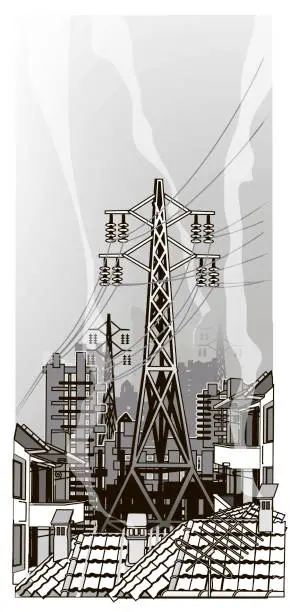 Vector illustration of electricity poles buildings roofs city view