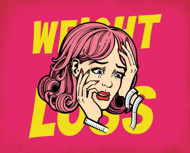 Vector illustration of Comic book woman emotional over Weight Loss