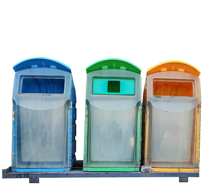 Blue sorted trash cans for solid waste. green for rotten waste and yellow recycled waste,isolated on white background