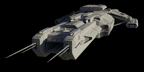Science fiction illustration of a spaceship carrier vessel, isolated on black in front angled view, 3d digitally rendered illustration