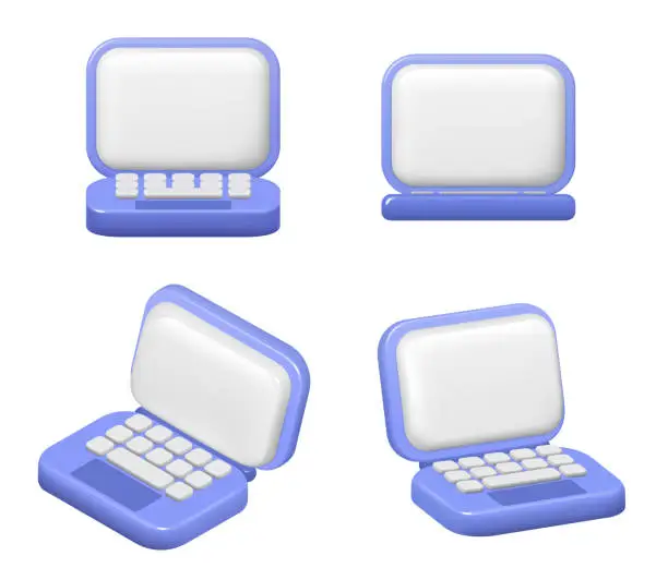 Vector illustration of Personal computer with monitor and keyboard. Vector isolated 3d icon of laptop portable gadget, cartoon or game design, device with touchpad and screen for work or study, workspace item