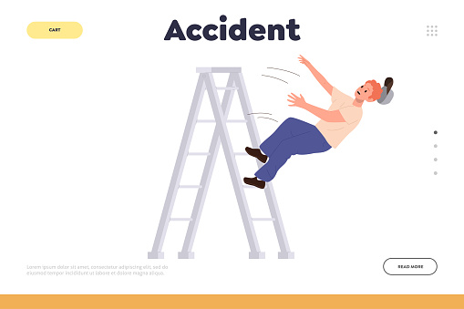 Accident concept for landing page with man employee worker cartoon character falling down from ladder design. Website vector illustration for insurance online service to protect people life and health