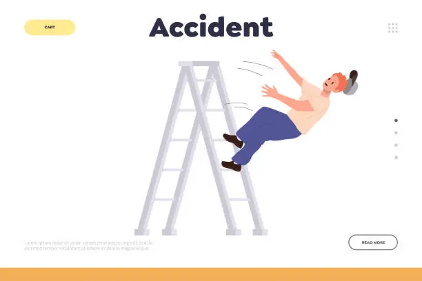 Vector illustration of Accident concept for landing page template with man employee worker falling down from ladder