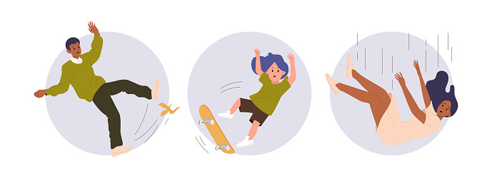 Isolated set of round icon composition with different people cartoon characters screaming and falling down because of slipping on banana peel, tumbling from skateboard or height vector illustration
