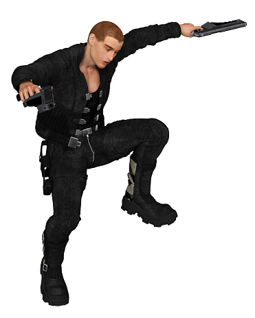 Illustration of a futuristic male soldier of fortune leaping with two guns, 3d digitally rendered illustration