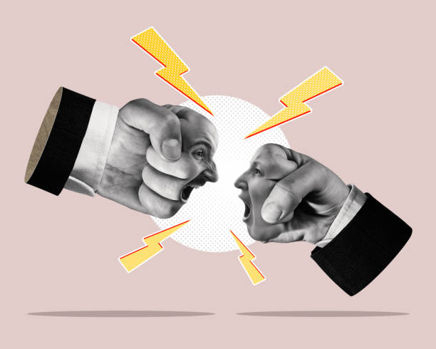 A battle of opinions between a man and a woman. Art collage.