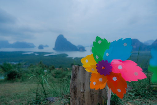 Colourful plastic  pinwheel toy on the background of nature