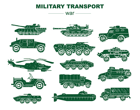 Army vehicles and war equipment, military transport engraving, ink style vector set. Military tank, plane, submarine and helicopter, army artillery, combat weapon and wartime ammunition technics